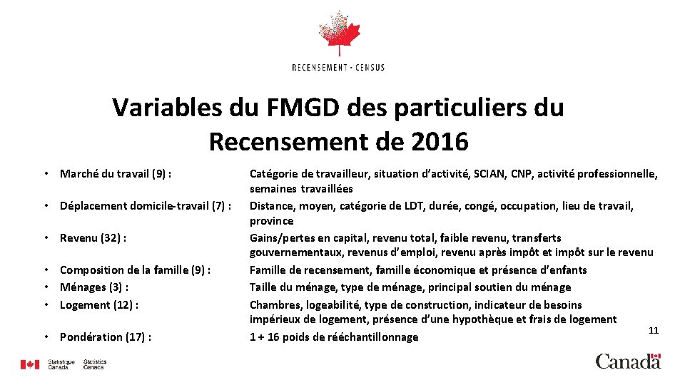 Variables du FMGD des particuliers du Recensement de 2016 • Marché du travail (9)