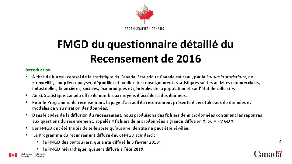 FMGD du questionnaire détaillé du Recensement de 2016 Introduction • À titre de bureau