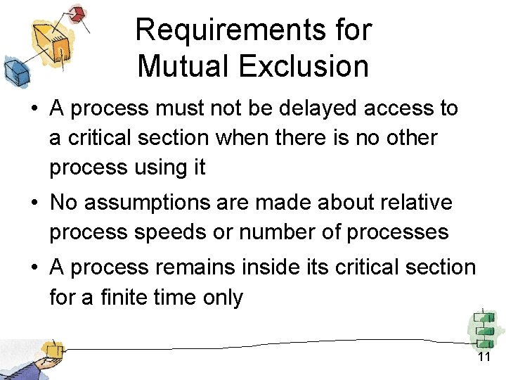 Requirements for Mutual Exclusion • A process must not be delayed access to a