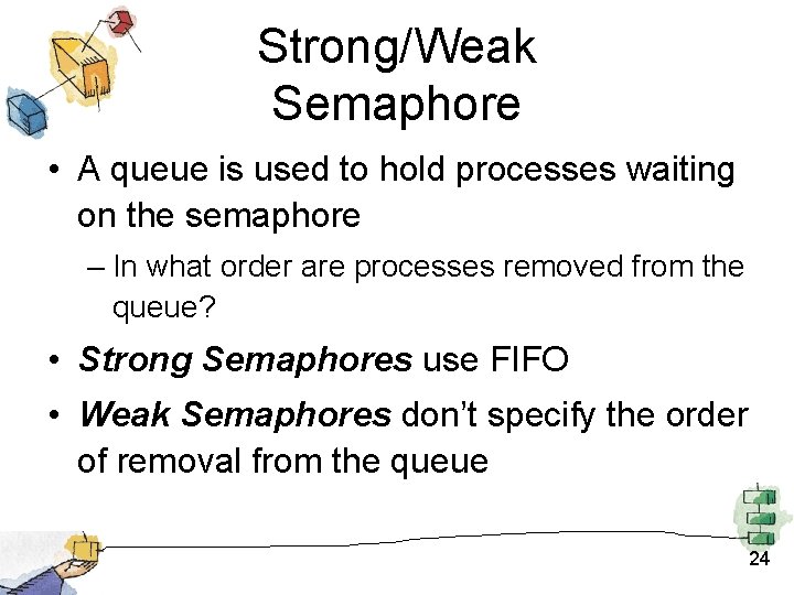 Strong/Weak Semaphore • A queue is used to hold processes waiting on the semaphore