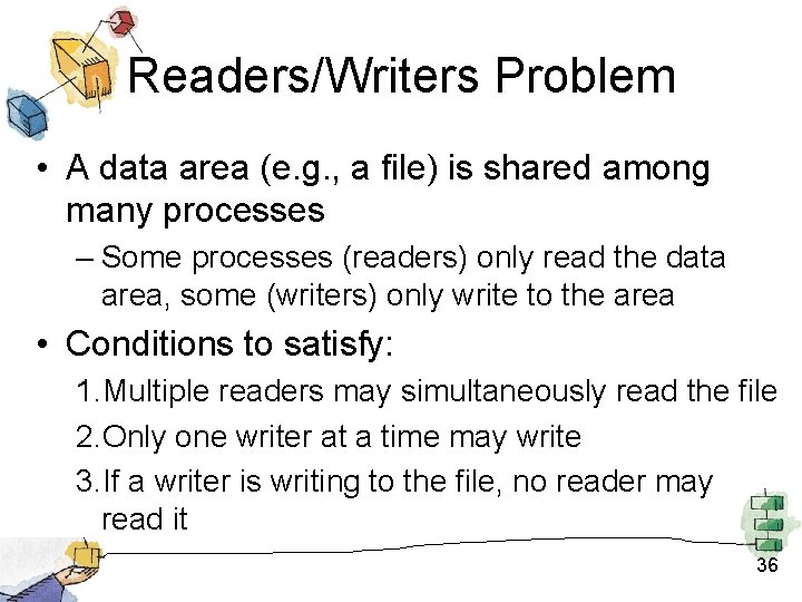 Readers/Writers Problem • A data area (e. g. , a file) is shared among