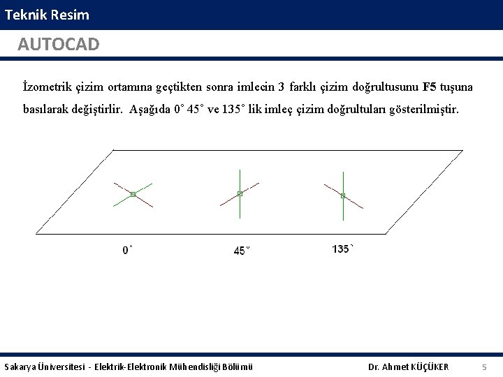 Teknik Resim AUTOCAD İzometrik çizim ortamına geçtikten sonra imlecin 3 farklı çizim doğrultusunu F