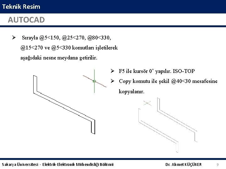 Teknik Resim AUTOCAD Sırayla @5<150, @25<270, @80<330, @15<270 ve @5<330 komutları işletilerek aşağıdaki nesne