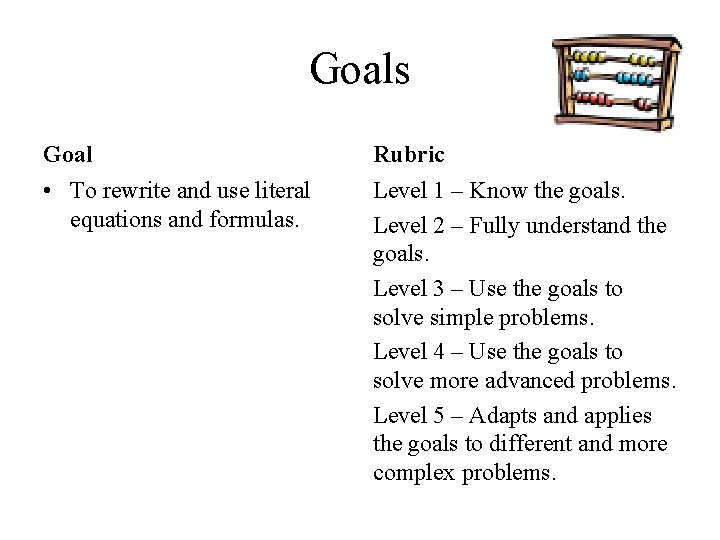 Goals Goal Rubric • To rewrite and use literal equations and formulas. Level 1