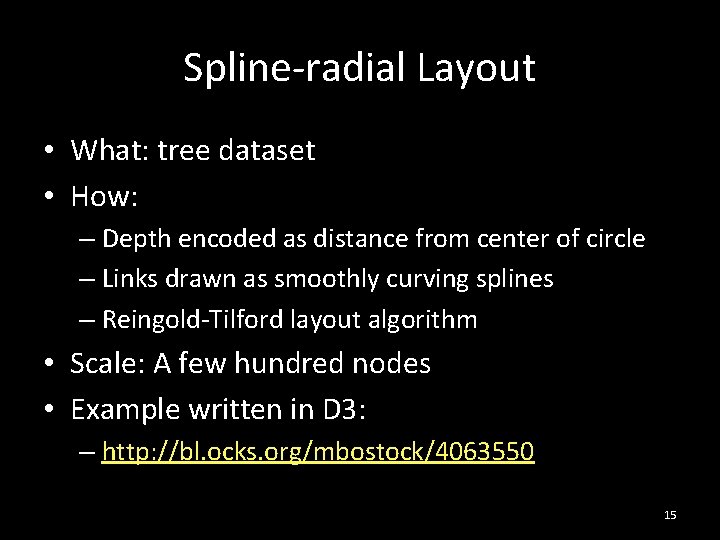 Spline-radial Layout • What: tree dataset • How: – Depth encoded as distance from