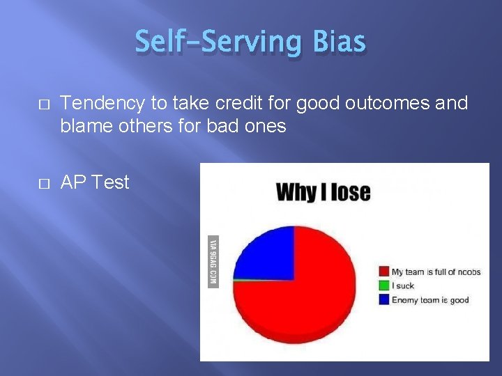 Self-Serving Bias � Tendency to take credit for good outcomes and blame others for