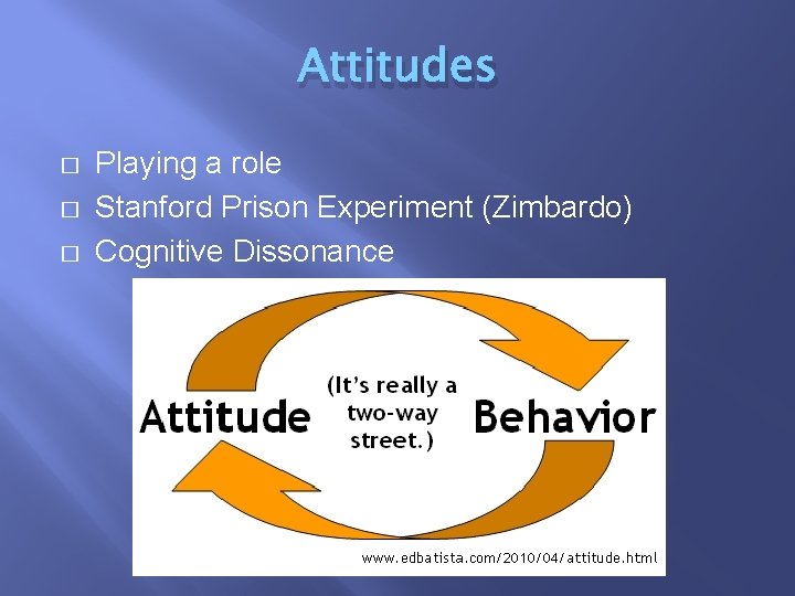 Attitudes � � � Playing a role Stanford Prison Experiment (Zimbardo) Cognitive Dissonance 