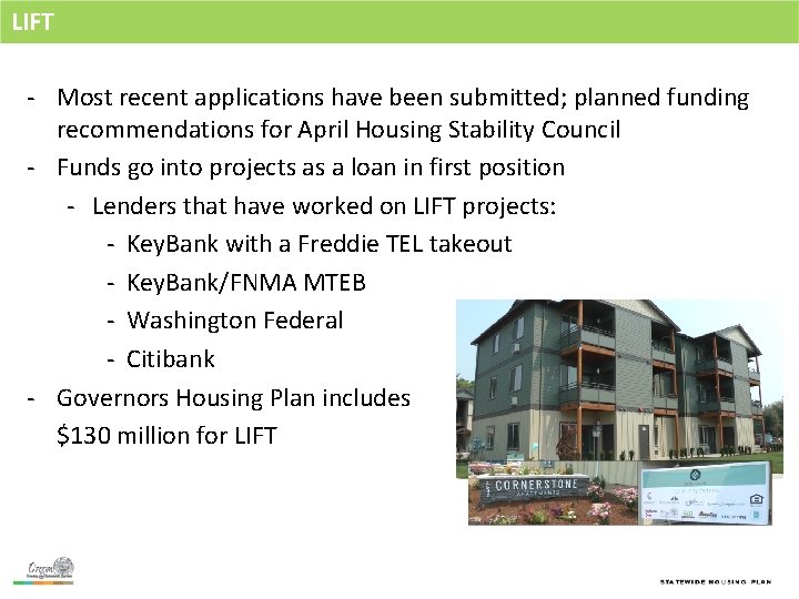LIFT - Most recent applications have been submitted; planned funding recommendations for April Housing