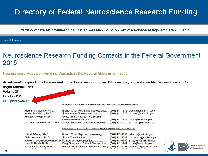 Directory of Federal Neuroscience Research Funding http: //www. nimh. nih. gov/funding/neuroscience-research-funding-contacts-in-the-federal-government-2015. shtml 9 