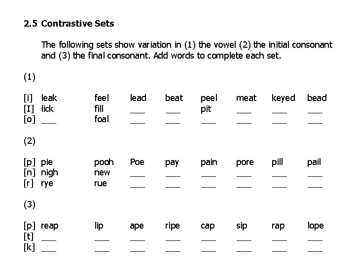 2. 5 Contrastive Sets The following sets show variation in (1) the vowel (2)