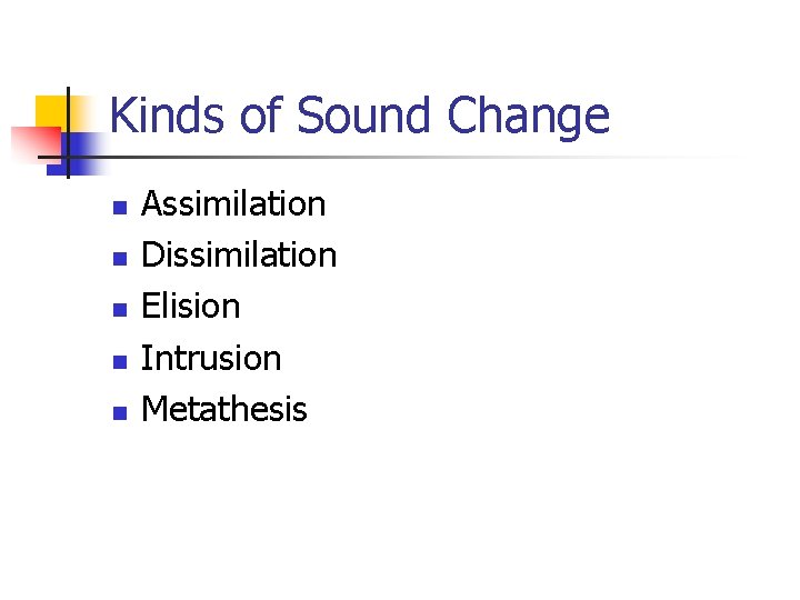 Kinds of Sound Change n n n Assimilation Dissimilation Elision Intrusion Metathesis 