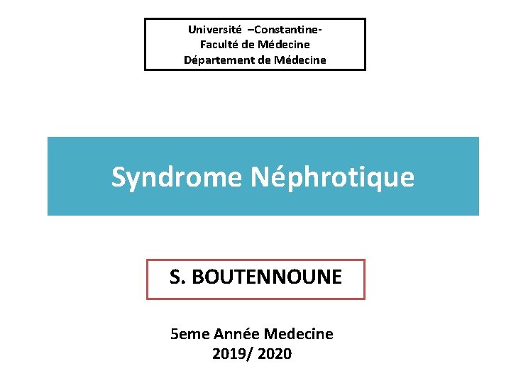 Université –Constantine. Faculté de Médecine Département de Médecine Syndrome Néphrotique S. BOUTENNOUNE 5 eme
