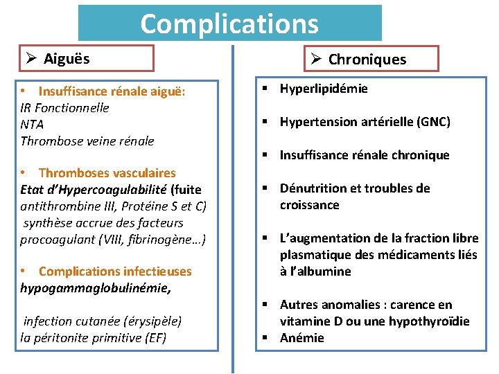 Complications Ø Aiguës • Insuffisance rénale aiguë: IR Fonctionnelle NTA Thrombose veine rénale •