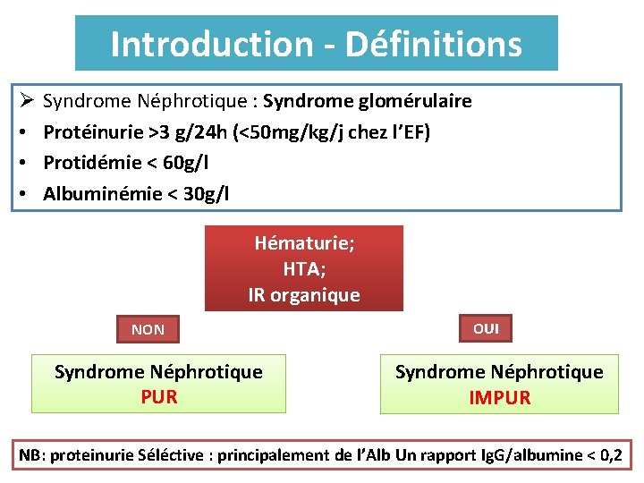 Introduction - Définitions Ø • • • Syndrome Néphrotique : Syndrome glomérulaire Protéinurie >3