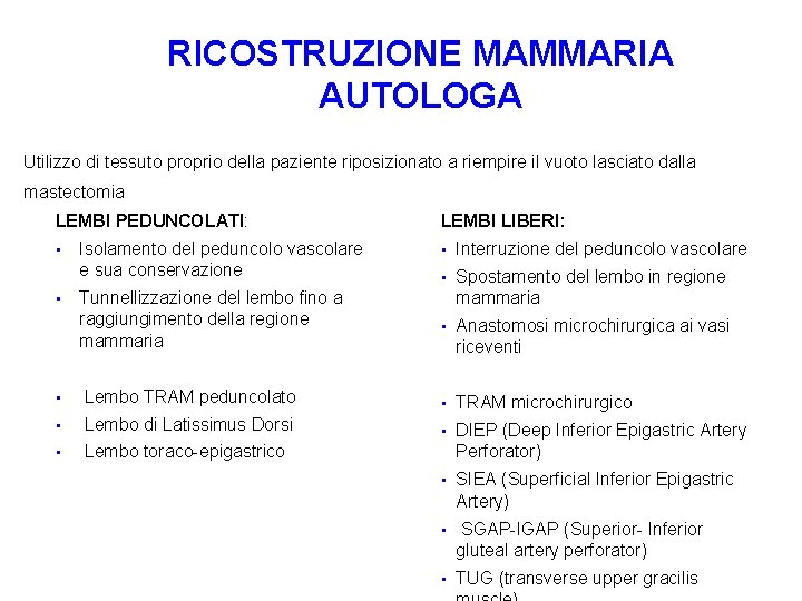 RICOSTRUZIONE MAMMARIA AUTOLOGA Utilizzo di tessuto proprio della paziente riposizionato a riempire il vuoto