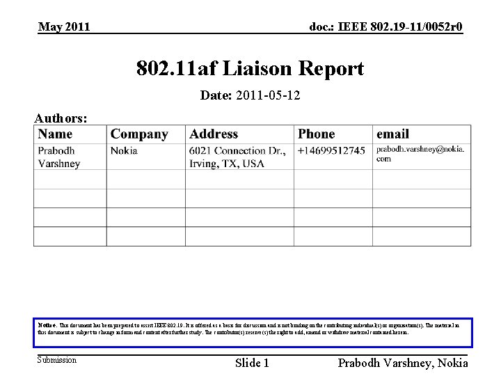 May 2011 doc. : IEEE 802. 19 -11/0052 r 0 802. 11 af Liaison