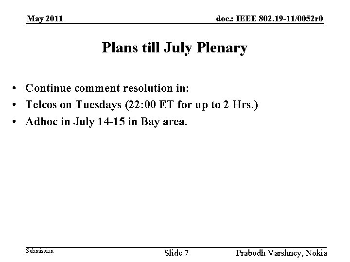 May 2011 doc. : IEEE 802. 19 -11/0052 r 0 Plans till July Plenary