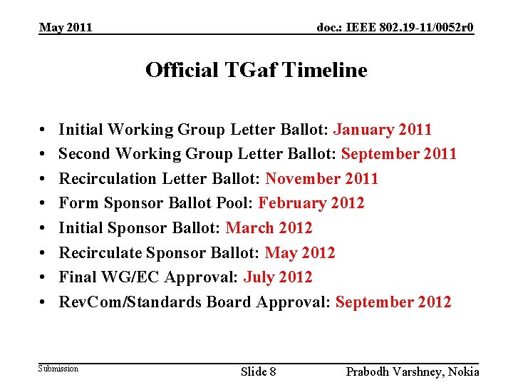 May 2011 doc. : IEEE 802. 19 -11/0052 r 0 Official TGaf Timeline •