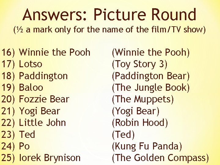 Answers: Picture Round (½ a mark only for the name of the film/TV show)
