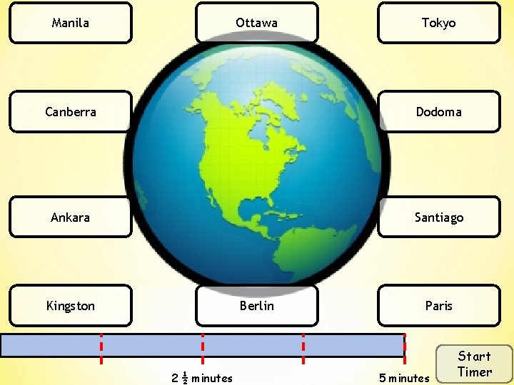 Manila Ottawa Tokyo Canberra Dodoma Ankara Santiago Kingston Berlin 2 ½ minutes Paris 5