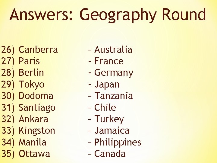 Answers: Geography Round 26) 27) 28) 29) 30) 31) 32) 33) 34) 35) Canberra