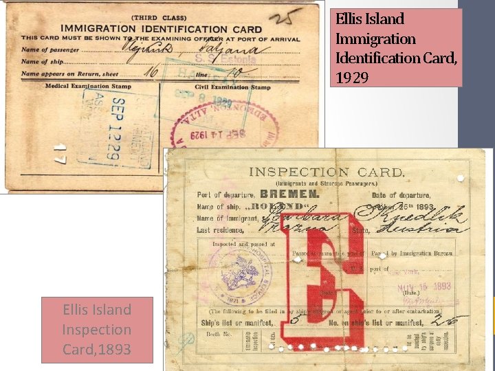 Ellis Island Immigration Identification Card, 1929 Ellis Island Inspection Card, 1893 Ellis Island Immigration Identification Card, 1929 Ellis Island Inspection Card, 1893