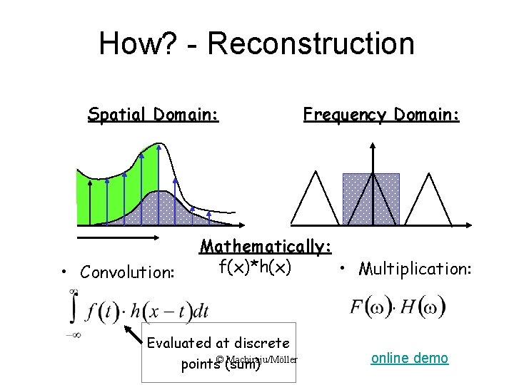 How? - Reconstruction Spatial Domain: • Convolution: Frequency Domain: Mathematically: f(x)*h(x) • Multiplication: Evaluated How? - Reconstruction Spatial Domain: • Convolution: Frequency Domain: Mathematically: f(x)*h(x) • Multiplication: Evaluated