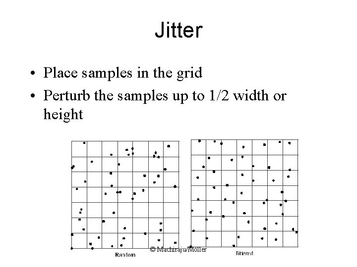Jitter • Place samples in the grid • Perturb the samples up to 1/2 Jitter • Place samples in the grid • Perturb the samples up to 1/2
