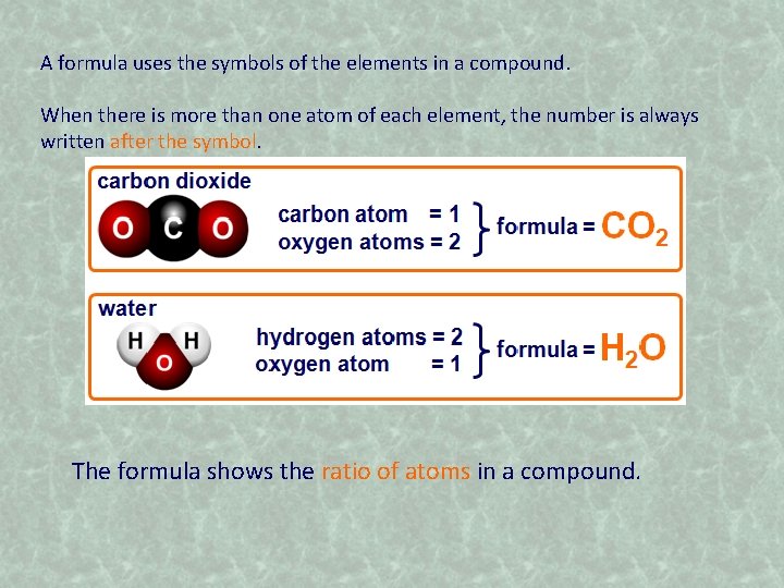 A formula uses the symbols of the elements in a compound. When there is