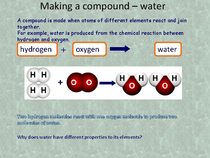 Making a compound – water A compound is made when atoms of different elements