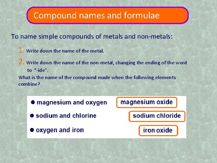 Compound names and formulae To name simple compounds of metals and non-metals: 1. Write