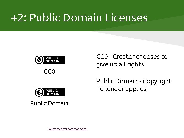 +2: Public Domain Licenses CC 0 - Creator chooses to give up all rights