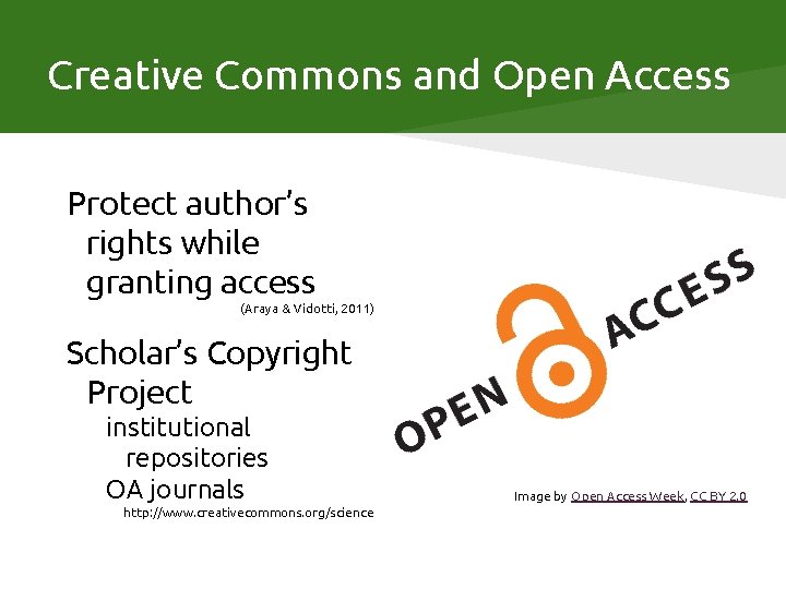 Creative Commons and Open Access Protect author’s rights while granting access (Araya & Vidotti,