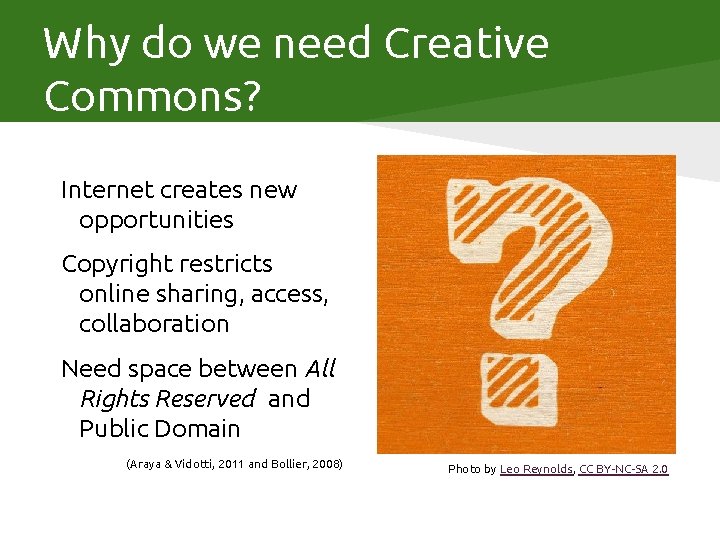 Why do we need Creative Commons? Internet creates new opportunities Copyright restricts online sharing,