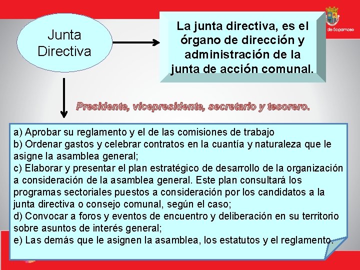 Junta Directiva La junta directiva, es el órgano de dirección y administración de la