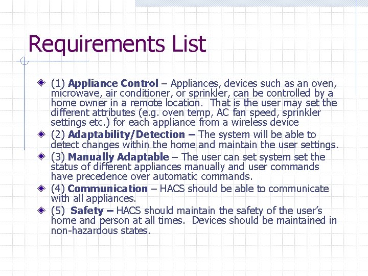 Requirements List (1) Appliance Control – Appliances, devices such as an oven, microwave, air Requirements List (1) Appliance Control – Appliances, devices such as an oven, microwave, air