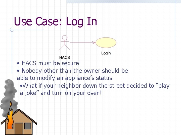 Use Case: Log In • HACS must be secure! • Nobody other than the Use Case: Log In • HACS must be secure! • Nobody other than the