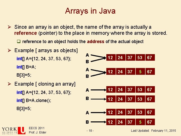 Arrays in Java Ø Since an array is an object, the name of the Arrays in Java Ø Since an array is an object, the name of the