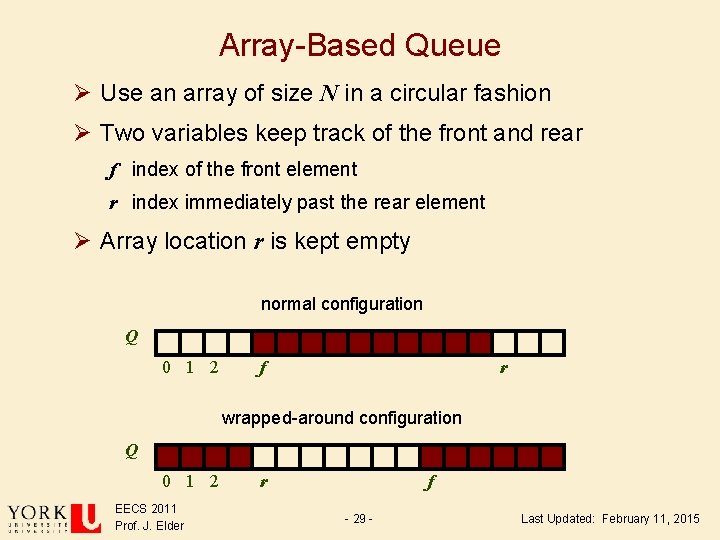 Array-Based Queue Ø Use an array of size N in a circular fashion Ø Array-Based Queue Ø Use an array of size N in a circular fashion Ø