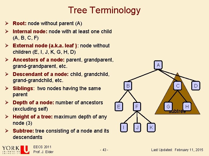 Tree Terminology Ø Root: node without parent (A) Ø Internal node: node with at Tree Terminology Ø Root: node without parent (A) Ø Internal node: node with at