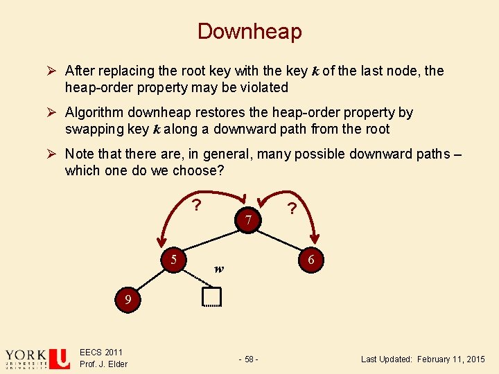 Downheap Ø After replacing the root key with the key k of the last Downheap Ø After replacing the root key with the key k of the last