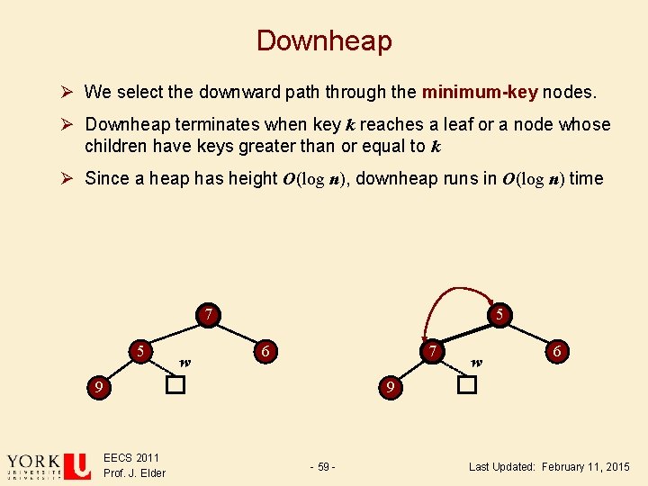 Downheap Ø We select the downward path through the minimum-key nodes. Ø Downheap terminates Downheap Ø We select the downward path through the minimum-key nodes. Ø Downheap terminates