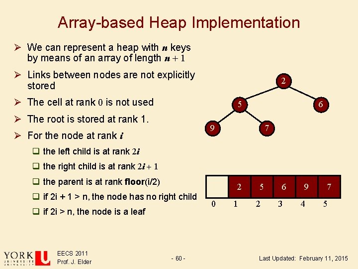 Array-based Heap Implementation Ø We can represent a heap with n keys by means Array-based Heap Implementation Ø We can represent a heap with n keys by means