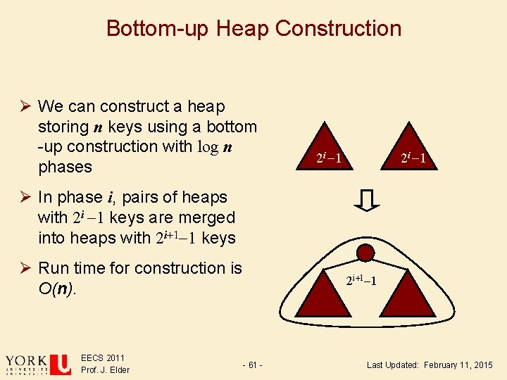 Bottom-up Heap Construction Ø We can construct a heap storing n keys using a Bottom-up Heap Construction Ø We can construct a heap storing n keys using a
