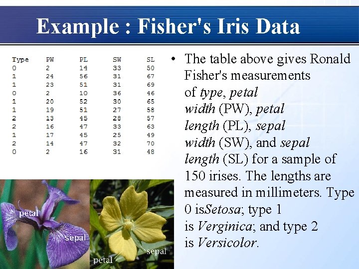 Example : Fisher's Iris Data • The table above gives Ronald Fisher's measurements of