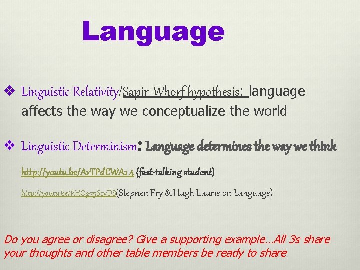 Language v Linguistic Relativity/Sapir-Whorf hypothesis: language affects the way we conceptualize the world :