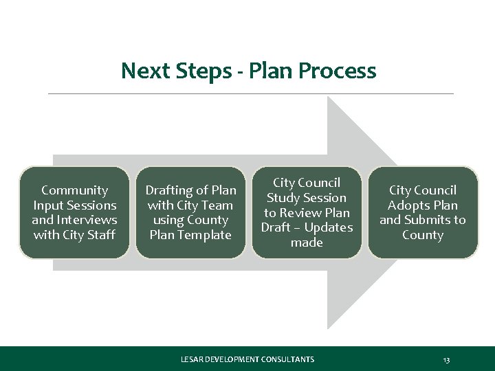 Next Steps - Plan Process Community Input Sessions and Interviews with City Staff Drafting