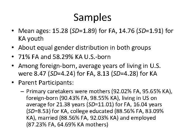 Samples • Mean ages: 15. 28 (SD=1. 89) for FA, 14. 76 (SD=1. 91)