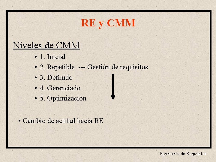 RE y CMM Niveles de CMM • • • 1. Inicial 2. Repetible ---