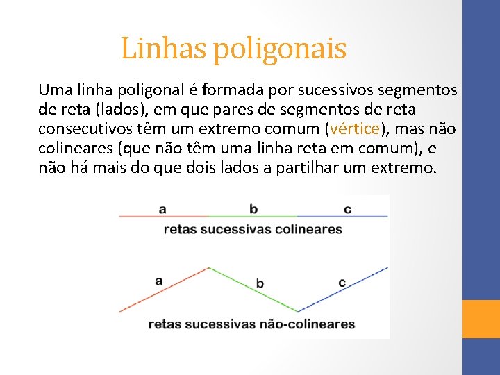 Linhas poligonais Uma linha poligonal é formada por sucessivos segmentos de reta (lados), em Linhas poligonais Uma linha poligonal é formada por sucessivos segmentos de reta (lados), em